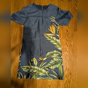 Ann Taylor Linen Blend Tropical Print Blue Green Dress US2 fits XS
